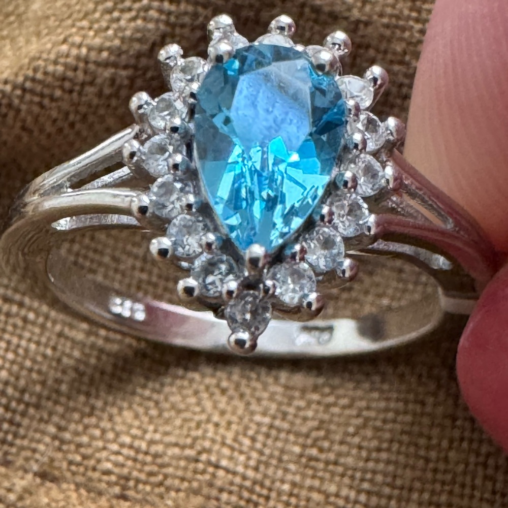 Aquamarine and Silver Halo Ring with Split Shank